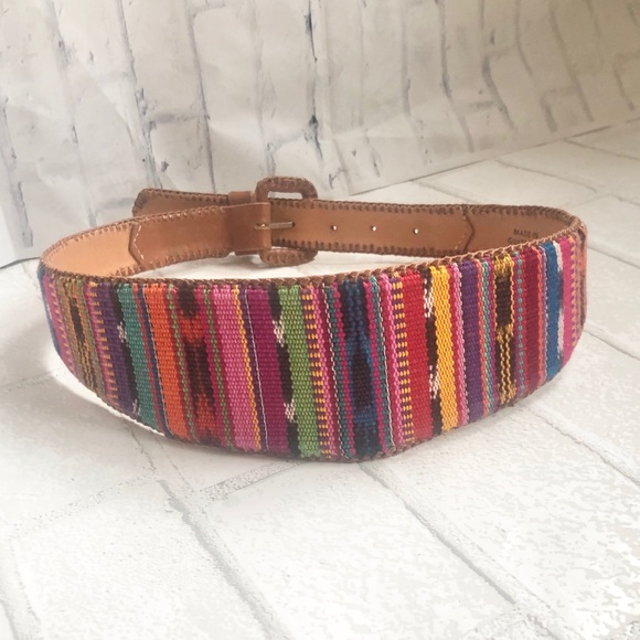 Lands' End Accessories - Vintage Lands' End Handwoven Guatemalan Textile & Leather Belt - Boho Southwest